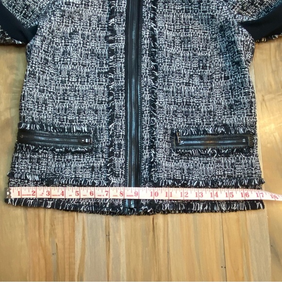 REBECCA TAYLOR Sz 4 Black/White Tweed Zip Lined Jacket Lamb Leather Accents - Picture 10 of 16
